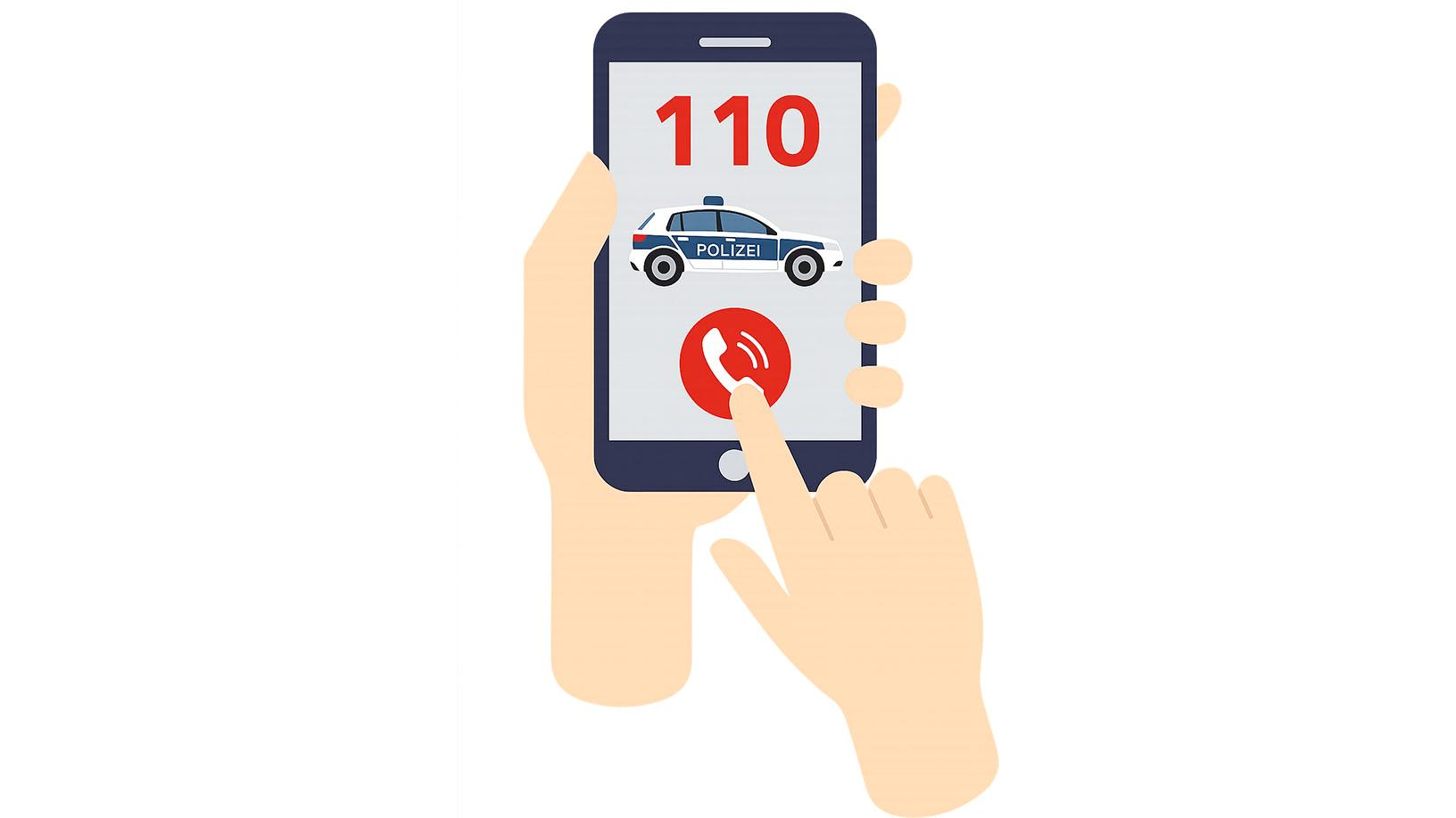 Illustrationsbild zeigt eine Hand, die ein Smartphone hält, während eine zweite Hand auf einen roten Anruf-Button mit einem Telefonsymbol tippt. Auf dem Bildschirm steht in großen roten Zahlen 110, darunter ist ein Polizeiauto mit der Aufschrift „POLIZEI“ zu sehen. Das Bild symbolisiert das Wählen der deutschen Notrufnummer 110, um die Polizei zu rufen. Der Hintergrund ist schlicht und transparent gestaltet.