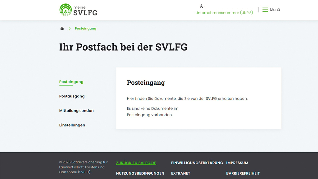 Vergrößerung des Bildes für Postfach Versichertenportal "meine SVLFG" Startseite.