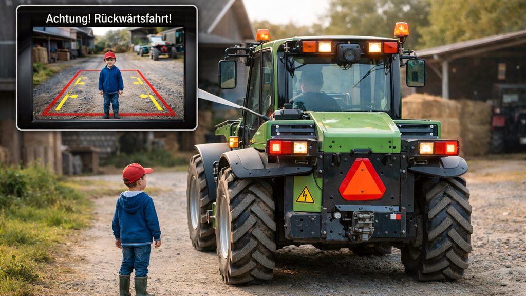 Vergrößerung des Bildes für Ein Kleinkind steht seitlich hinter einem Traktor und eine Rückfahrkamera erkennt das Kind..