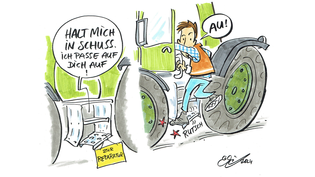 Vergrößerung des Bildes für Comic von einer Figur, die vom Schlepper absteigt und von einer Stufe abrutscht..