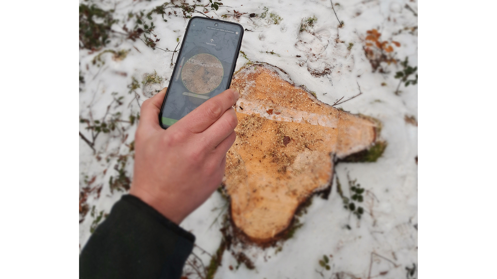 Vergrößerung des Bildes für Ein Handy wird über einen Wurzelstock gehalten, die Stockfibel-App ist geöffnet.