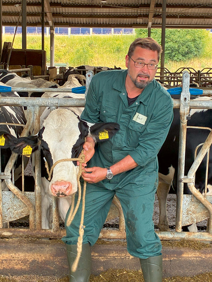 Vergrößerung des Bildes für Ein Mann im Overall steht mit dem Rücken zu Kühen, die  im Stall hinter dem Fangfressgitter sind. Eine Kuh hat ihren Kopf herausgetreckt. Der Mann hat ihr einen Strick um den Kopf als Halfter angelegt und erklärt Personen, die seitlich von der Kamera zu stehen scheinen, sein Vorgehen. .