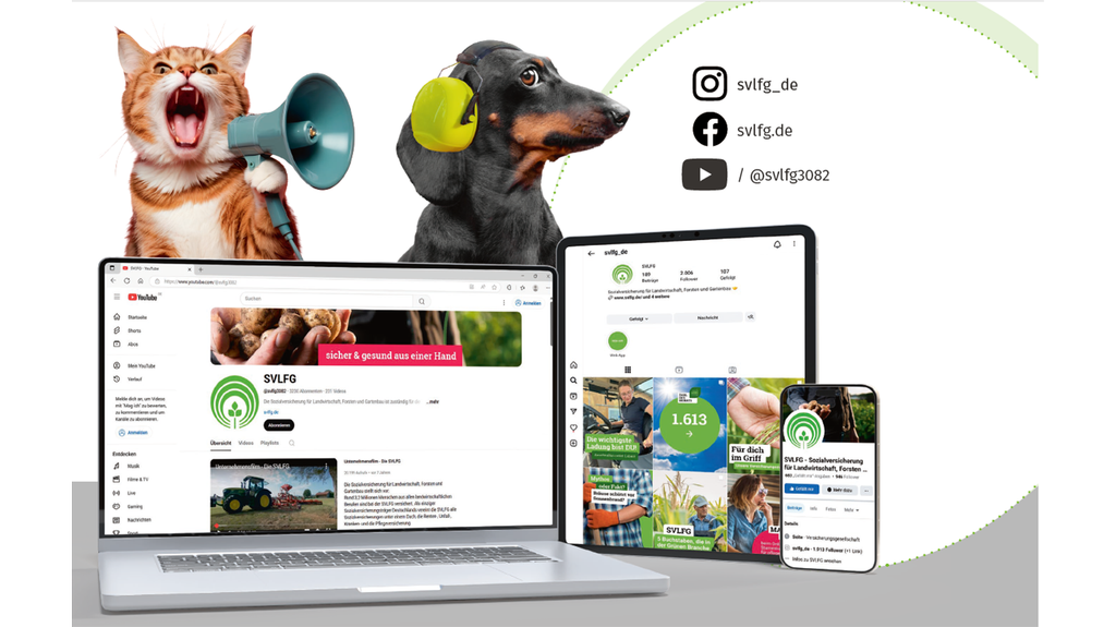 Vergrößerung des Bildes für Fotocollage: Hinter einem aufgeklappten Laptop und einem Tablett schreit eine Katze ins Megafon. Ein Hund ist daneben und trägt Ohrenschützer. Die Zugänge für die SVLFG-Kanäle sind daneben beschrieben: Für Instagramm: SVLFG_de , für facebook: svlfg.de , für YouTube: /@svlfg3082.