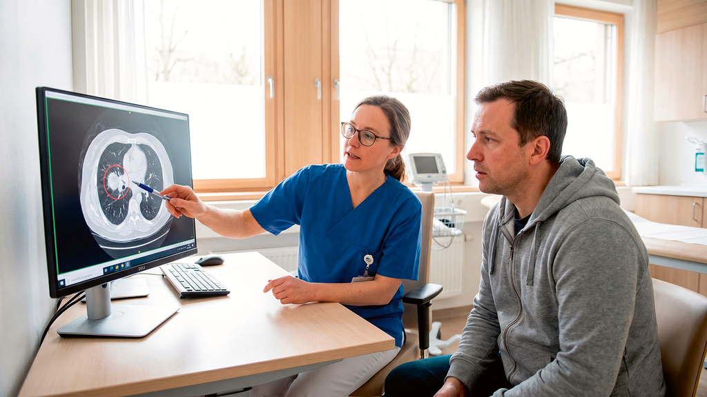 Vergrößerung des Bildes für Eine Ärztin sitzt mit einem Patienten vor einem PC-Bildschirm und erklärt ihm die Aufnahmen vom Lungen-CT..