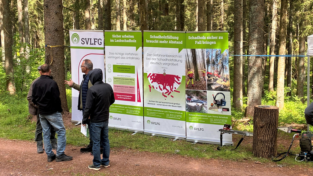 Vergrößerung des Bildes für Vier Personen stehen im Wald vor Plakaten der SVLFG. Eine Person erklärt etwas..