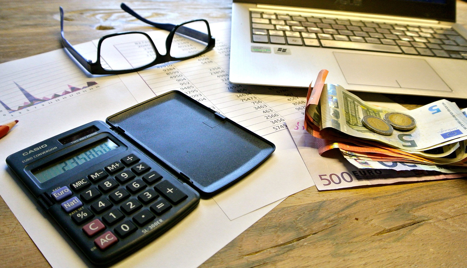 Bild: Büroarbeitplatz, Taschenrechner, Brille, Geld, Dokumente und Notebook liegen auf dem Schreibtisch