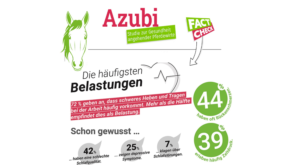 Vergrößerung des Bildes für Grafik Azubi-Studie zur Gesundheit angehender Pferdewirte: Fact Check - die häufigsten Belastungen: 72 Prozent geben an, dass schweres Heben und Tragen bei der Arbeit häufig vorkommt. Mehr als die Hälfte empfindet dies als Belastung. Schon gewusst: 44 Prozent haben eine schlechte Schlafqualität, 39 erleben häufig Zeitdruck, 25 Prozent zeigen depressive Symptome, 7 Prozent klagen über Schlafstörungen.