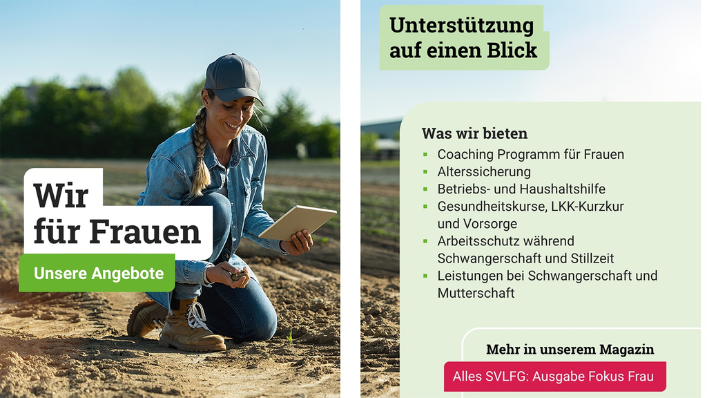 Vergrößerung des Bildes für Ausschnitt eines Posts aus einem Artikel auf Instagram:  Ein junge Frau kniet auf einem Feld und hat ein Tablet in der Hand. Darüber der Schriftzug: "Wir für Frauen - Unsere Angebote". Rechts daneben "Unterstützung auf einen Blick" - Was wir bieten: Coaching Programm, Alterssicherung, Betriebs- und Haushaltshilfe, Gesundheitskurse, Arbeitsschutz während der Schwangerschaft und Stillzeit, Leistungen während Schwangerschaft und Mutterschaft..