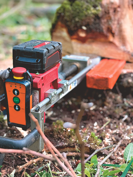 Vergrößerung des Bildes für Ein funkferngesteuerter Fällkeil ist an einem Spalt im Baum angesetzt..