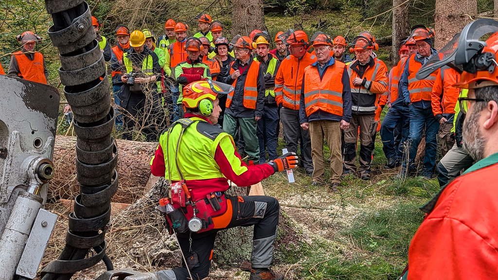 Vergrößerung des Bildes für Ein Mann steht im Wald vor gefällten Baumstämmen. Hinter ihm ist ein Ausschnitt einer Maschine zu sehen. Der Mann trägt Arbeitskleidung für Waldarbeiter, einschließlich Helm und Gehörschutz. Vor ihm stehen viele Personen und hören seinem Vortrag zu. Die zuhörenden tragen ebenfalls Arbeitsschutzkleidung. .