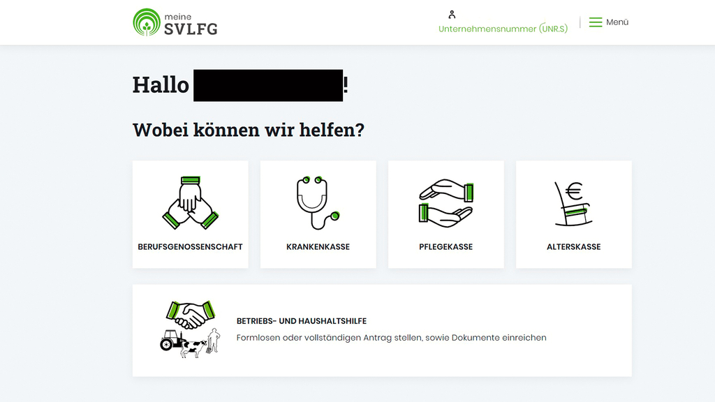 Vergrößerung des Bildes für Einstiegsseite Versichertenportal "meine SVLFG" mit Frage "Wie können wir Ihnen helfen" sowie Kacheln zur Auswahl von Optionen.