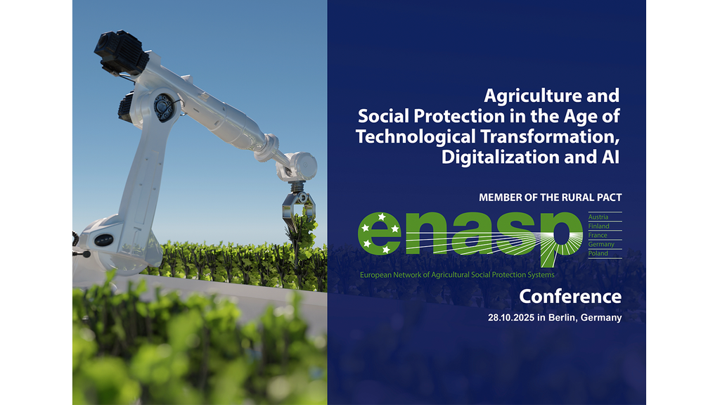 Vergrößerung des Bildes für A modern robotic arm is used in agriculture and horticulture, in front the invitation to ENASP Conference 2025..