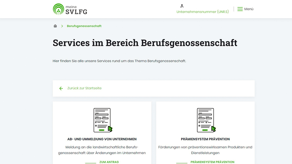 Vergrößerung des Bildes für Versichertenportal: Seite zu den Services im Bereich Berufsgenossenschaft.