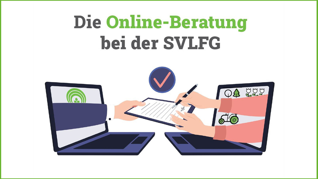 Vergrößerung des Bildes für Grafik: Zwei Laptops stehen sich gegenüber. Aus den Bildschirmen ragen Arme. Der Arm der SVLFG hält ein Formular zum Unterschreiben, während der Arm des Versicherten das Formular unterschreibt..