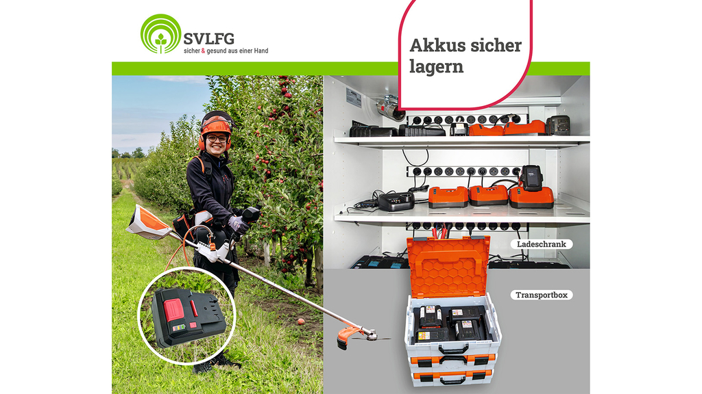 Vergrößerung des Bildes für Ein zwei geteiltes Bild. In der linken Hälfte steht eine Person in persönlicher Schutzkleidung mit einer Handakkusäge. Im Hintergrund eine Apfelplantage. Auf der rechten Seite sind Transportbehälter für Akkus dargestellt..