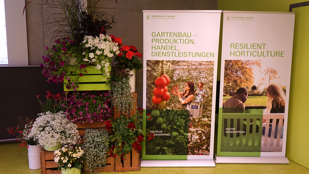 Vergrößerung des Bildes für Roll-ups, die am Tag des Hochschulforums Weihenstephan ausgestellt waren. Die Aufsteller werden von Pflanzenkästen dekorativ umsäumt. Auf dem einen Aufsteller steht: Gartenbau, Produktion, Handel, Dienstleistungen. Er ist mit Impressionen aus dem Gartenbau bebildert. Auf dem anderen steht in englisch: Resilient Horticulture. Zwei Menschen sitzen in einem Park..