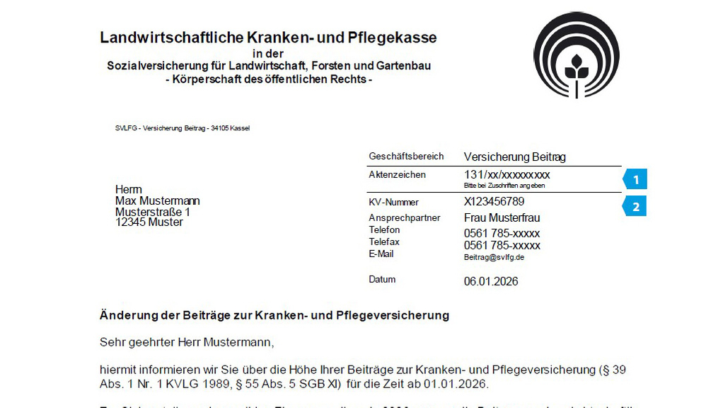 Vergrößerung des Bildes für Briefkopf eine Beitragsbescheides der LKK und LPK an Max Mustermann. Im Betreff steht: Änderung der Beiträge zur Kranken- und Pflegeversicherung. Weiter sind die ersten zwei Zeilen des Bescheides abgebildet..