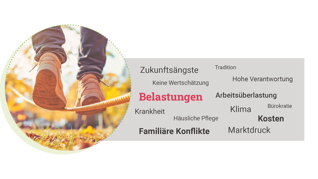 Vergrößerung des Bildes für Eine Person balanciert auf einem Seil. Daneben stehen Worte wie: Belastungen, Arbeitsüberlastung, familiäre Konflikte, Zukunftsängste, Klima.