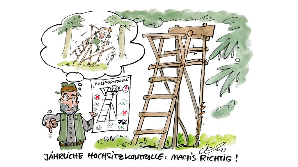 Vergrößerung des Bildes für Ein gezeichneter Cartoon in dem ein Jäger vor einem Hochsitz im Wald steht und eine Zeichnung in der Hand hält wie es richtig geht und dabei in einer Gedankenblase ein völlig zerstörter Hochsitz aufkommt. Als Unterschrift steht noch: "Jährliche Hochsitzkontrolle - mach's richtig!".