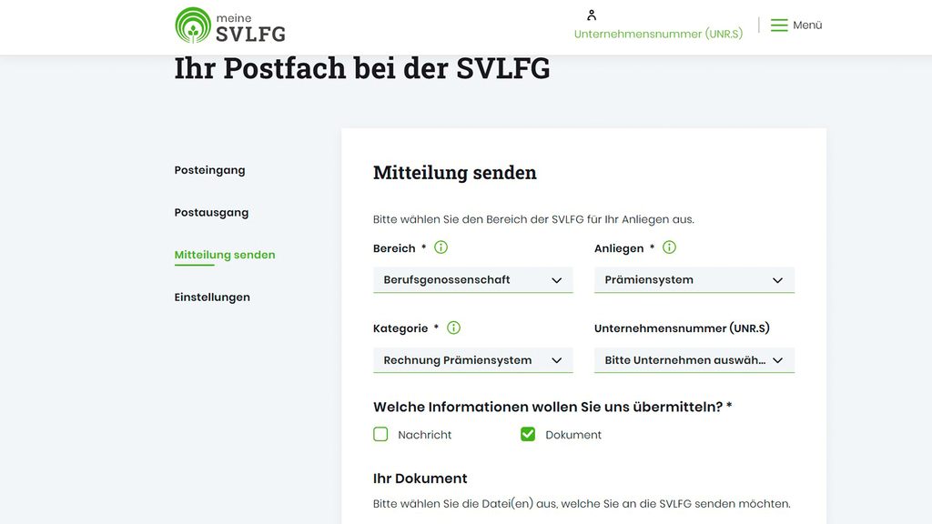 Vergrößerung des Bildes für Funktion Mitteilung senden im Postfach "meine SVLFG".