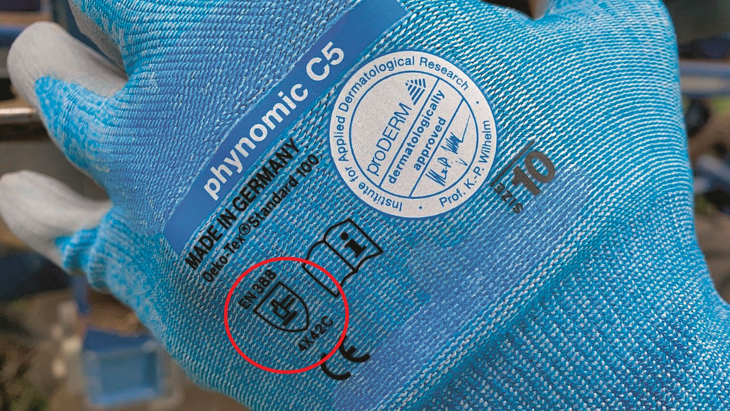 Vergrößerung des Bildes für blauer Arbeitsschutzhandschuh mit Aufdruck.